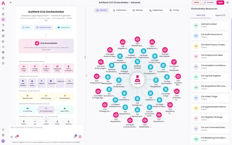 Leah Orchestrator Builder product screen for configuring agentic workflows.