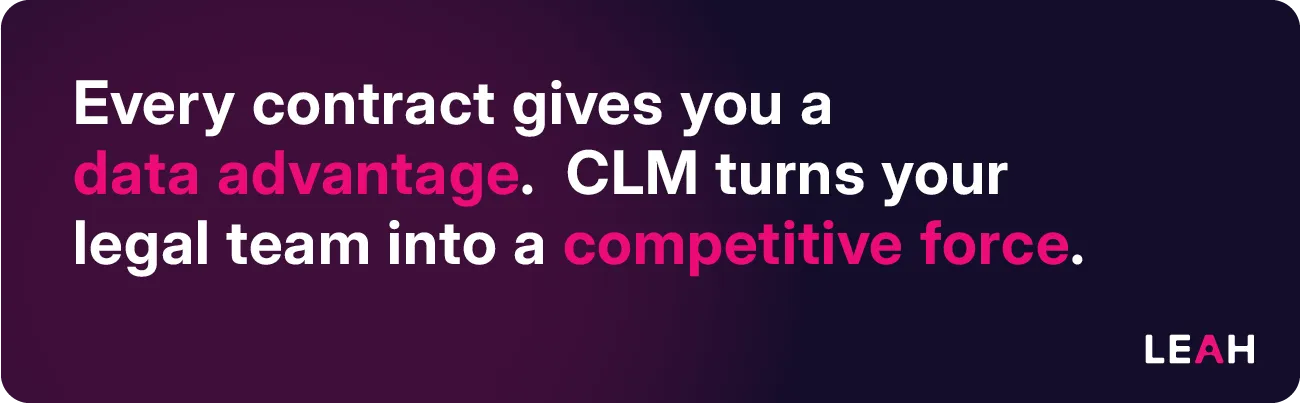 Purple graphic stating "Every contract gives you a data advantage. CLM turns your legal team into a competitive force," emphasizing Contract Lifecycle Management’s value.