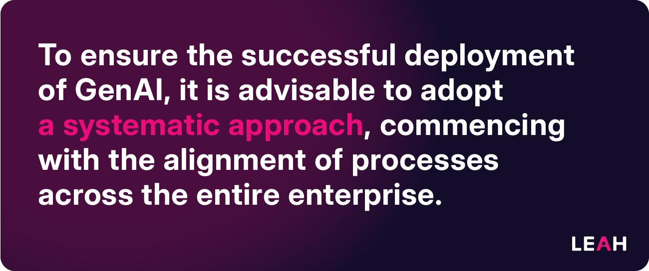 To ensure the successful deployment of GenAI, it is advisable to adopt a systematic approach, commencing with the alignment of processes across the entire enterprise.