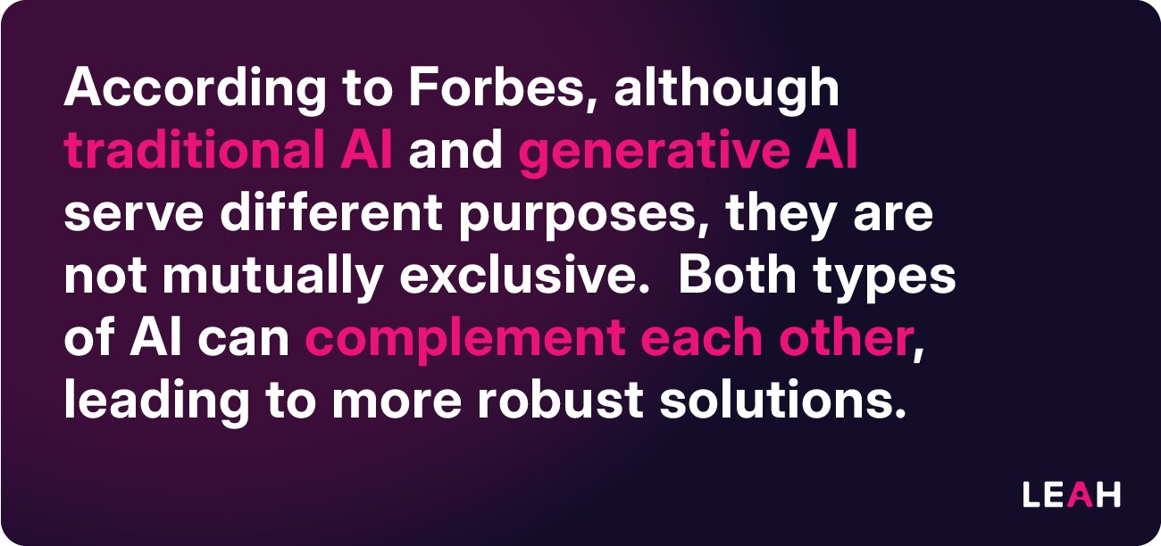 According to Forbes, although traditional AI and generative AI serve different purposes, they are not mutually exclusive. Both types of AI can complement each other, leading to more robust solutions.