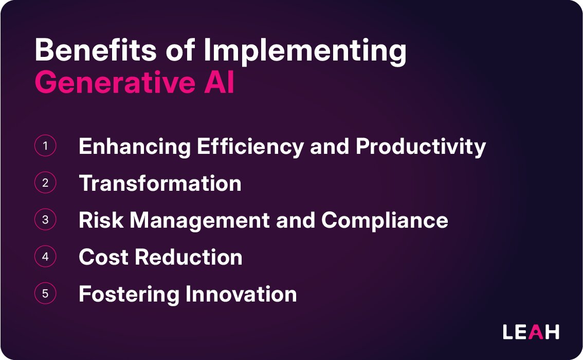 5 Benefits of Implementing Generative AI: Enhancing Efficiency and Productivity, Transformation, Risk Management and Compliance, Cost Reduction, and Fostering Innovation