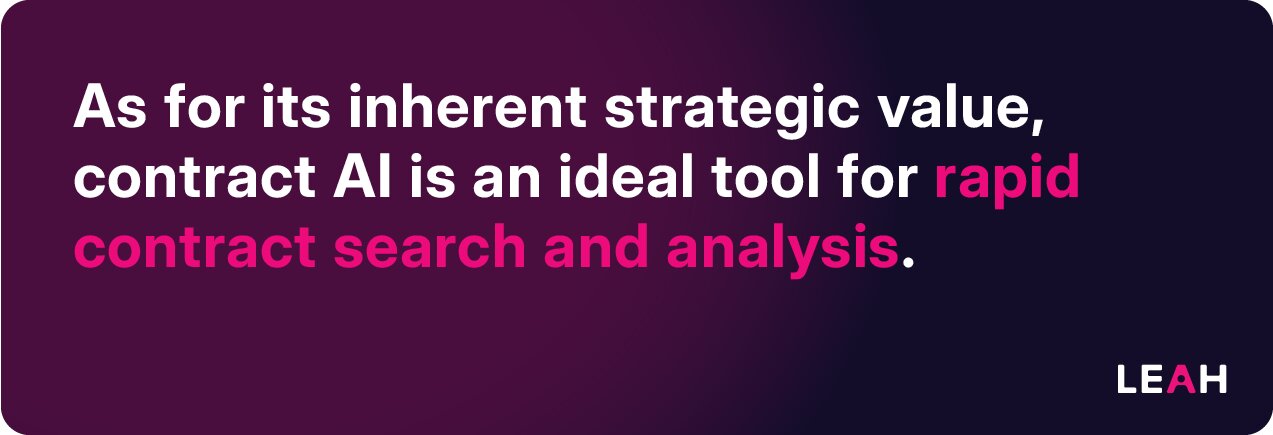 As for its inherent strategic value, contract AI is an ideal tool for rapid contract search and analysis.