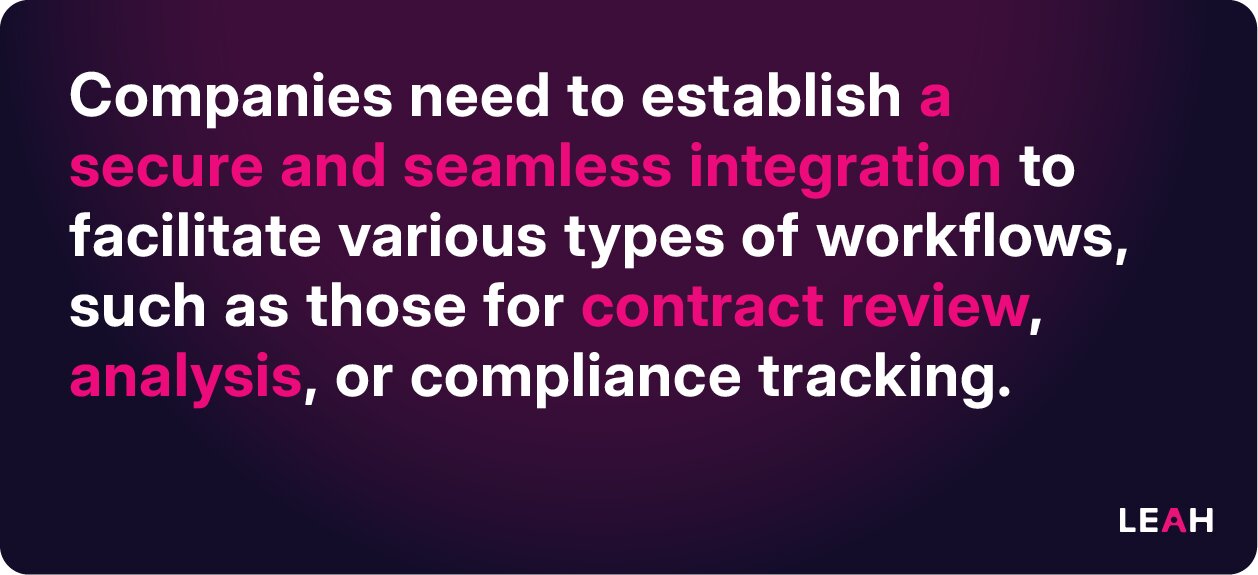 Companies need to establish a secure and seamless integration to facilitate various types of workflows, such as those for contract review, analysis, or compliance tracking.