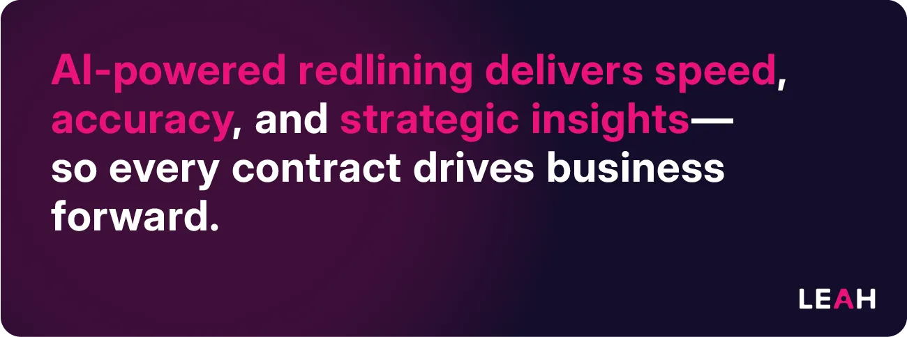 Purple image featuring the words: "AI-powered redlining delivers speed, accuracy, and strategic insight—so every contract drives business forward."