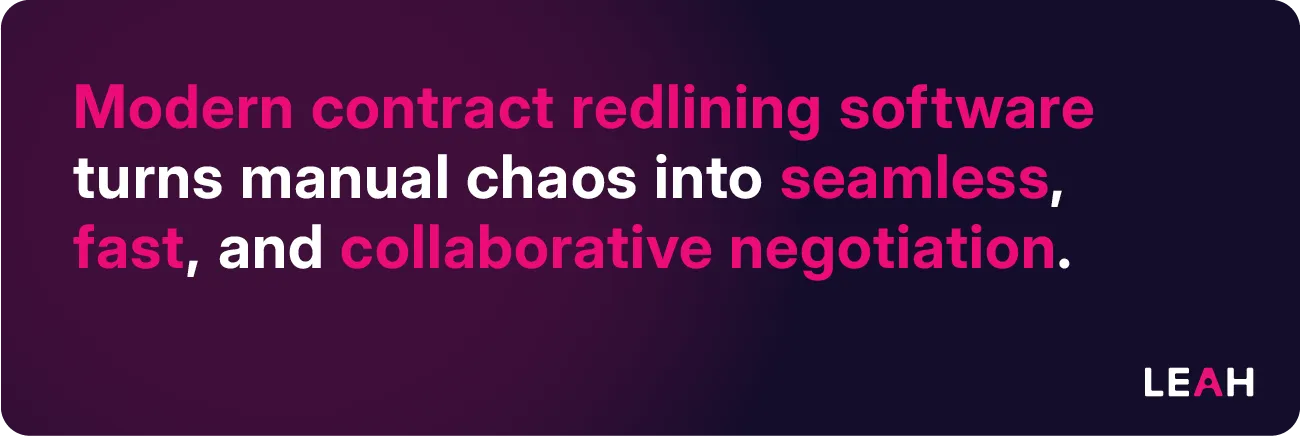 Purple background with text: "Modern contract redlining software turns manual chaos into seamless, fast, and collaborative negotiation."