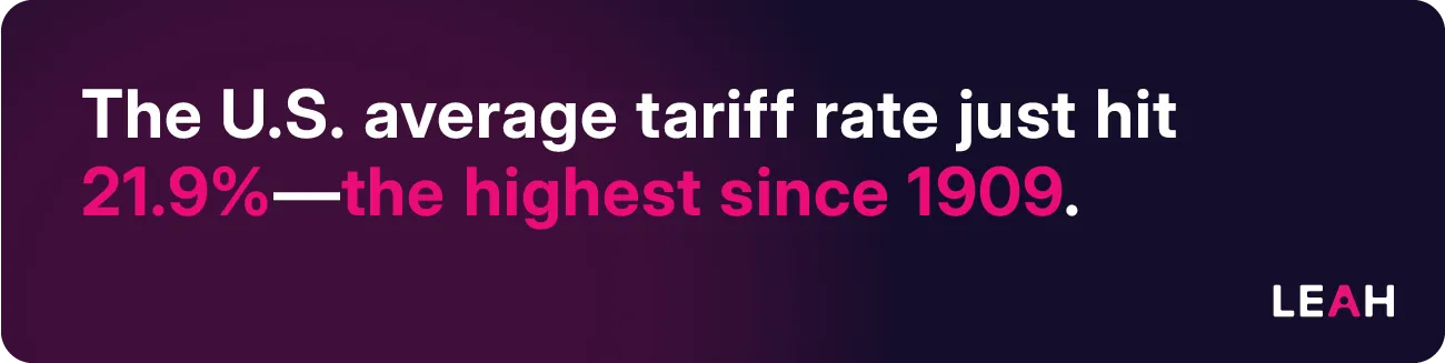 Purple graphic stating “The U.S. average tariff rate just hit 21.9%—the highest since 1909,” underscoring the urgency for tariff-resilient contracts in procurement.