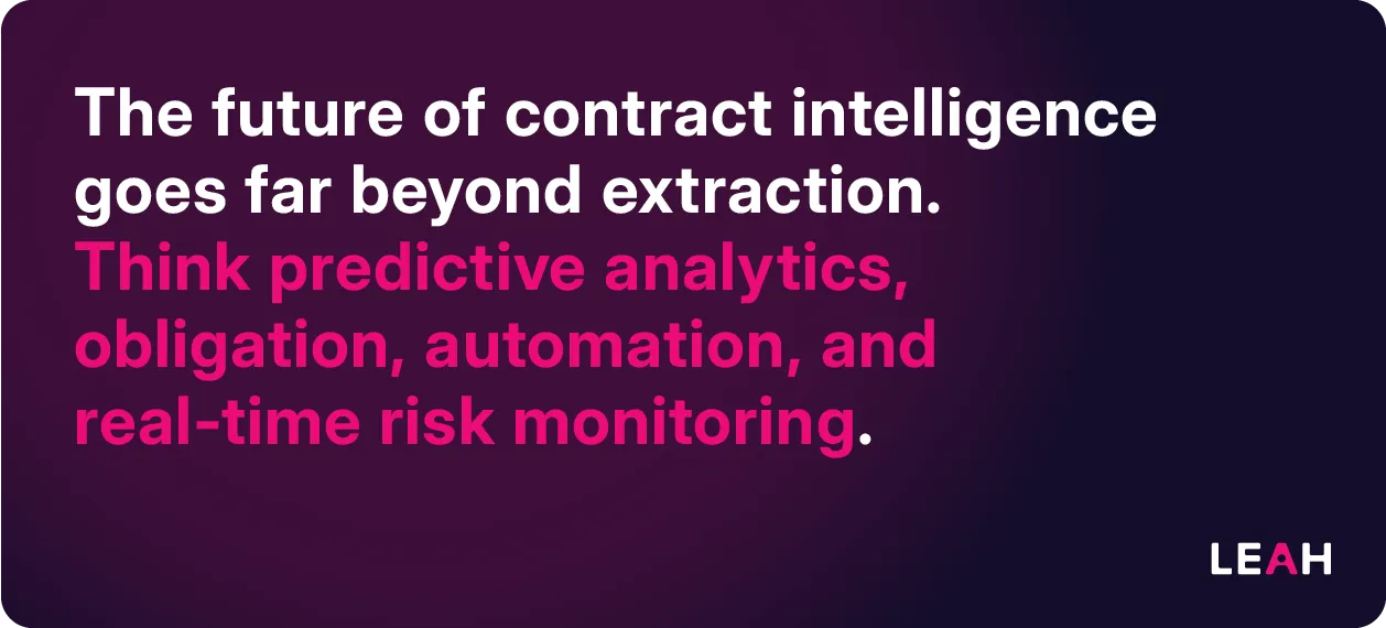 Quote graphic explaining that the future of contract intelligence goes beyond data extraction to include predictive analytics, obligation automation, and real-time risk monitoring—showcasing the evolving power of AI contract data extraction.