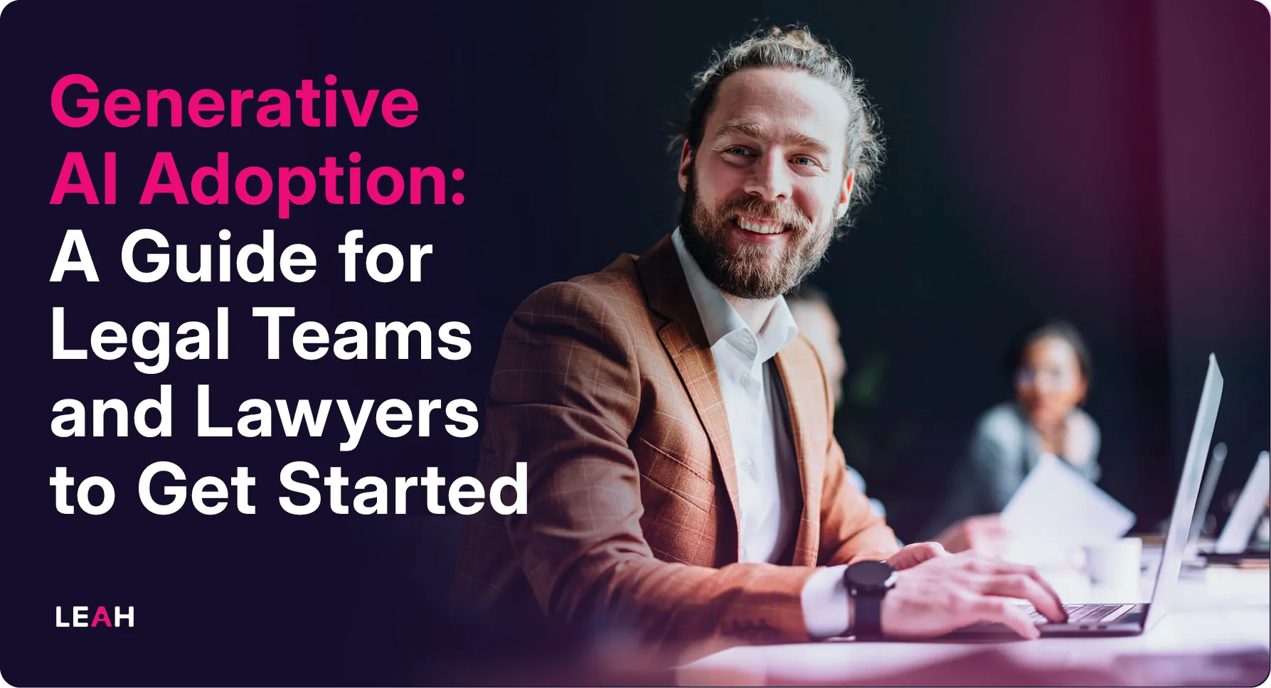 Smiling woman in lavender shirt holding a tablet, in front of illustrated icons and text reading “Generative AI Adoption: A Guide for Legal Teams and Lawyers to Get Started."