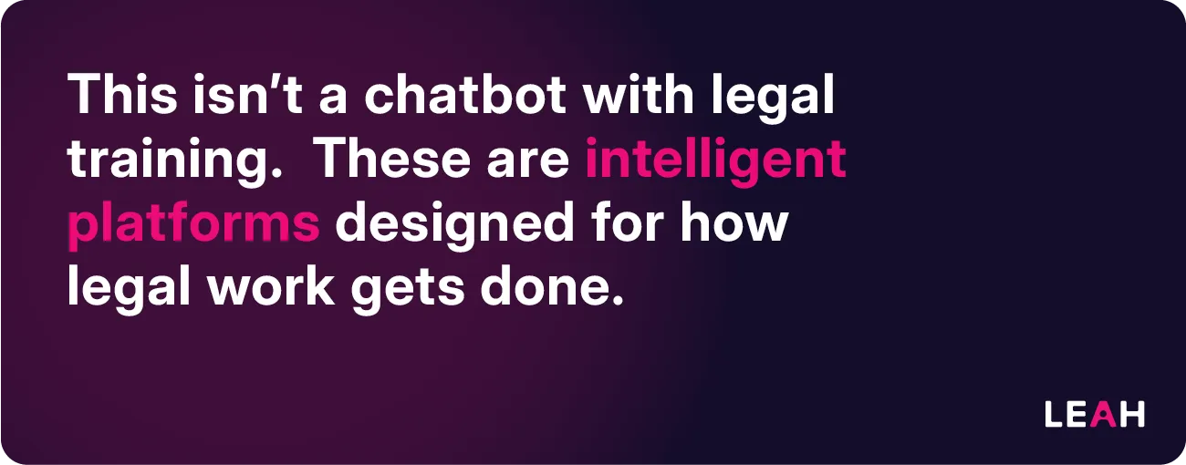 Purple background with quote: This isn’t a chatbot with legal training. These are intelligent platforms designed for how legal work gets done.