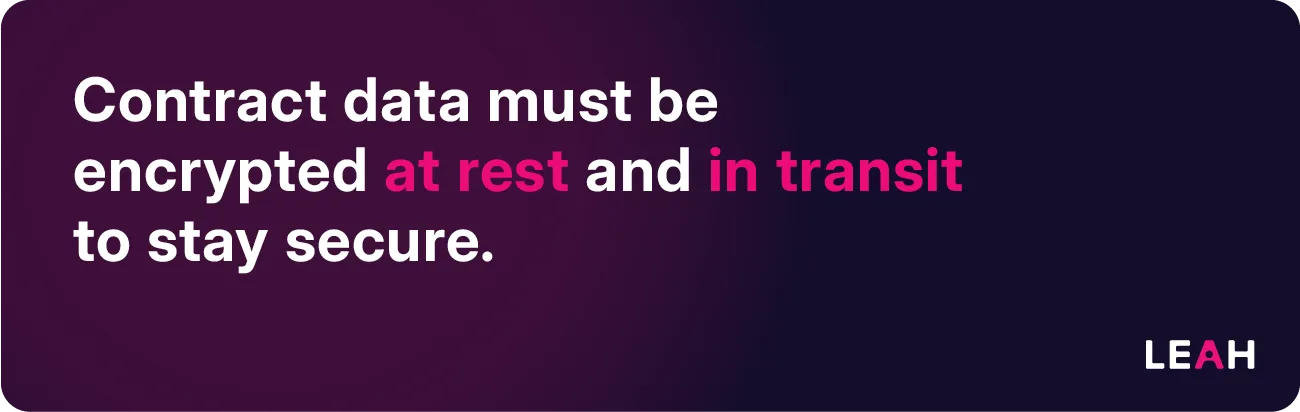Dark purple background with quote: “Contract data must be encrypted at rest and in transit to stay secure,” emphasizing encryption standards.