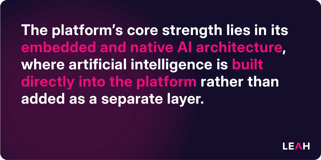 Visual text highlighting Leah’s core strength: embedded and native AI architecture built directly into the CLM platform.