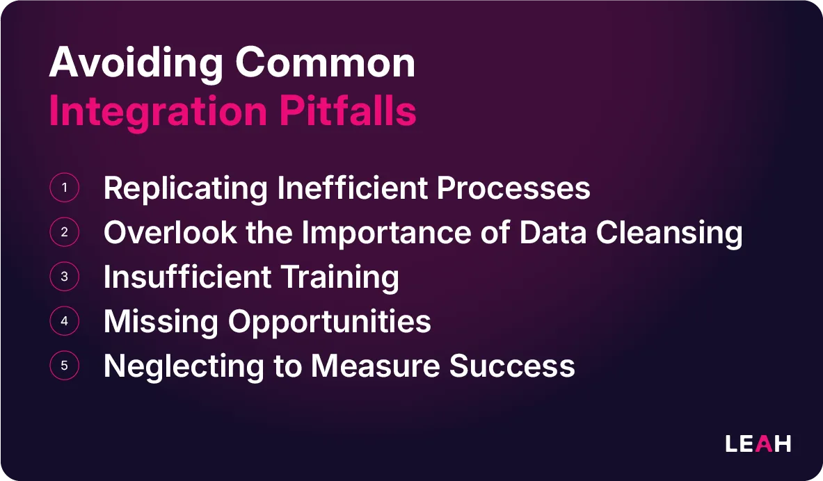 List of common Salesforce contract management integration pitfalls, including inefficient processes, poor data cleansing, lack of training, missed opportunities, and not measuring success.