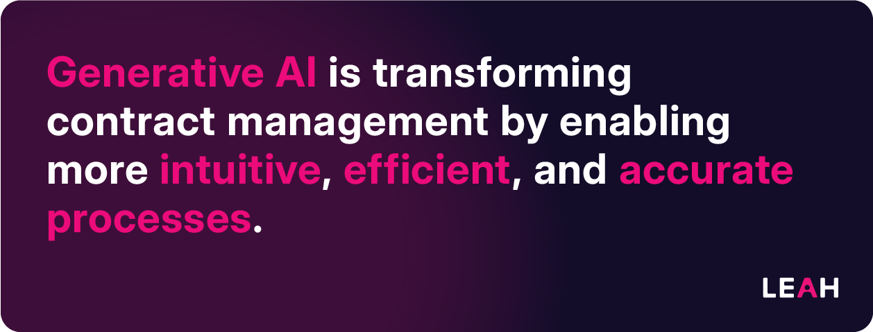 Quote explaining how generative AI improves contract management by making processes more intuitive, efficient, and accurate.