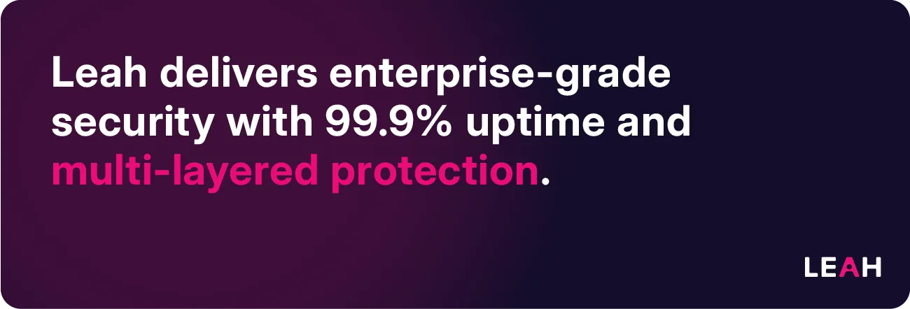 Leah security claim on purple background: “Leah delivers enterprise-grade security with 99.9% uptime and multi-layered protection.”