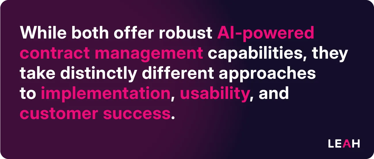 Comparison graphic stating that while both platforms offer AI-powered contract management, they differ in implementation, usability, and customer success approaches.