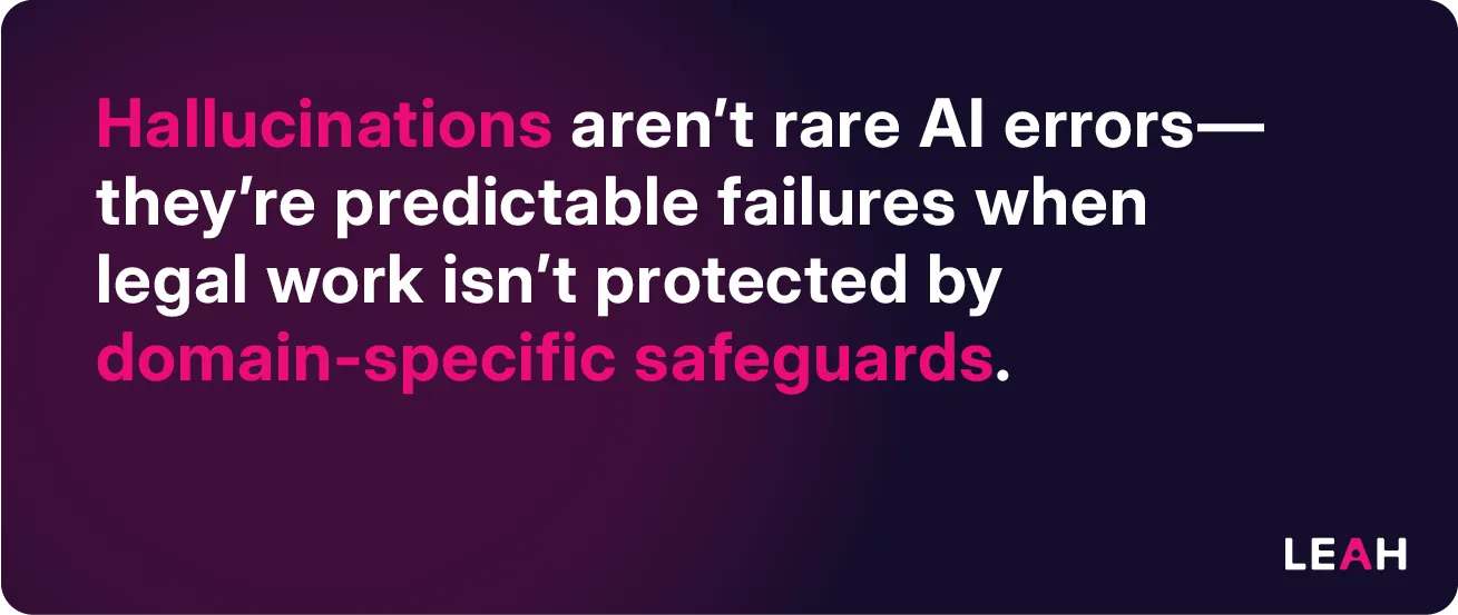 Quote graphic highlighting legal AI risks: hallucinations as predictable failures without domain-specific safeguards