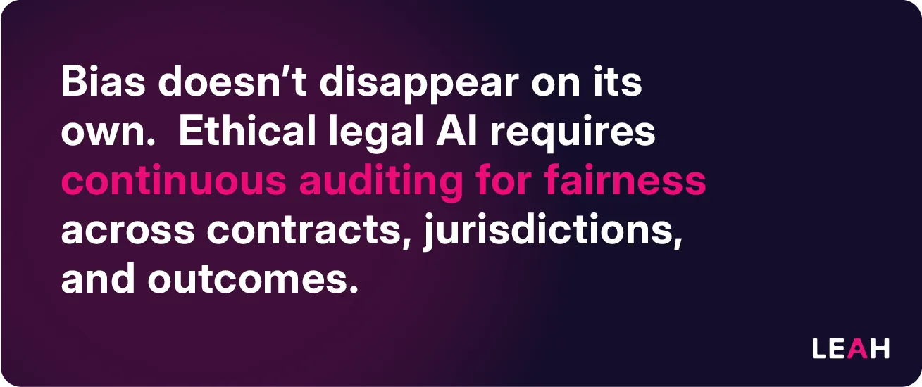 Ethical AI fairness quote stressing the need for continuous auditing across contracts and jurisdictions.