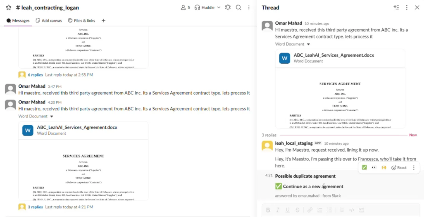 Leah Contracting integrations with Slack, Teams, email, Outlook, and Deep Sites