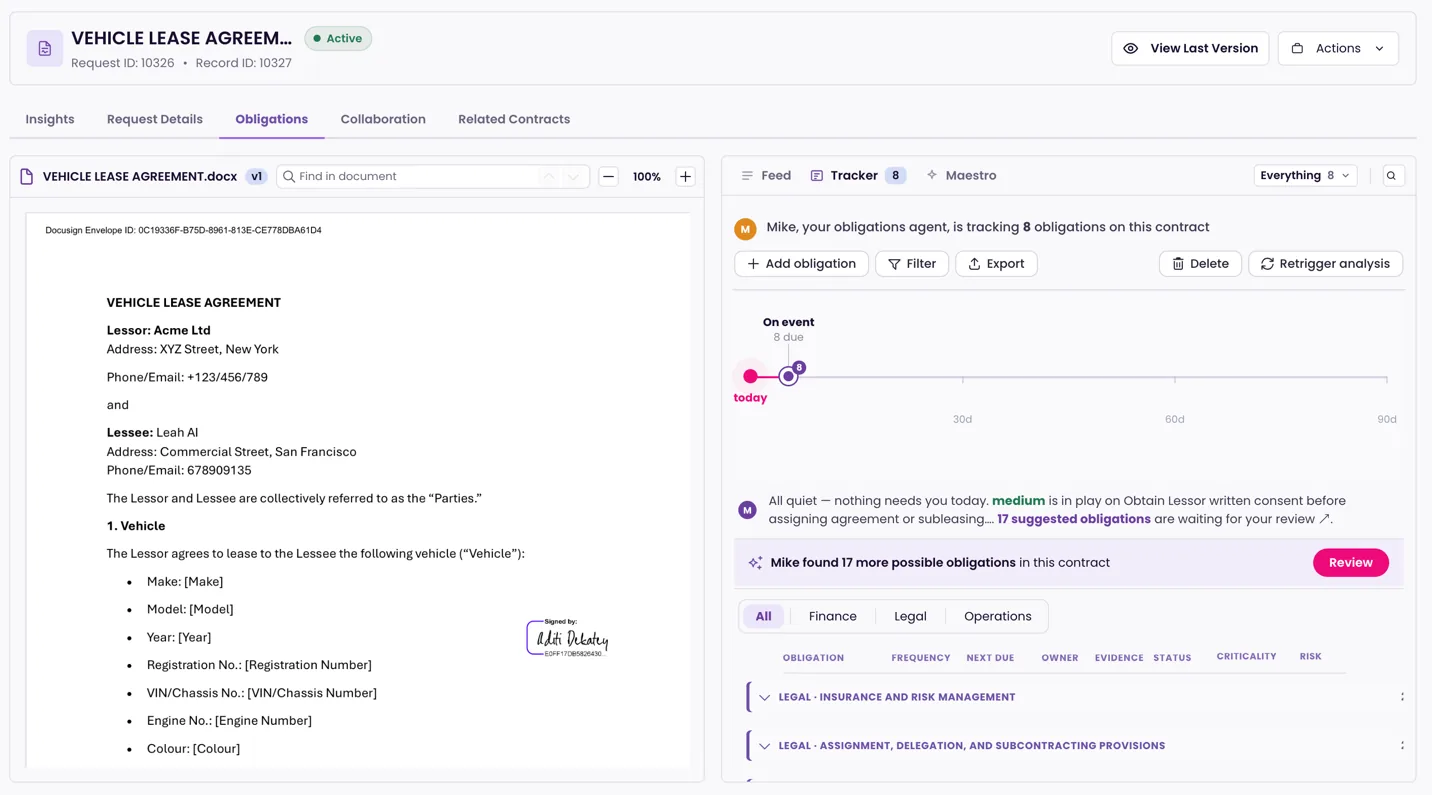 Obligations agent tracking commitments on a contract