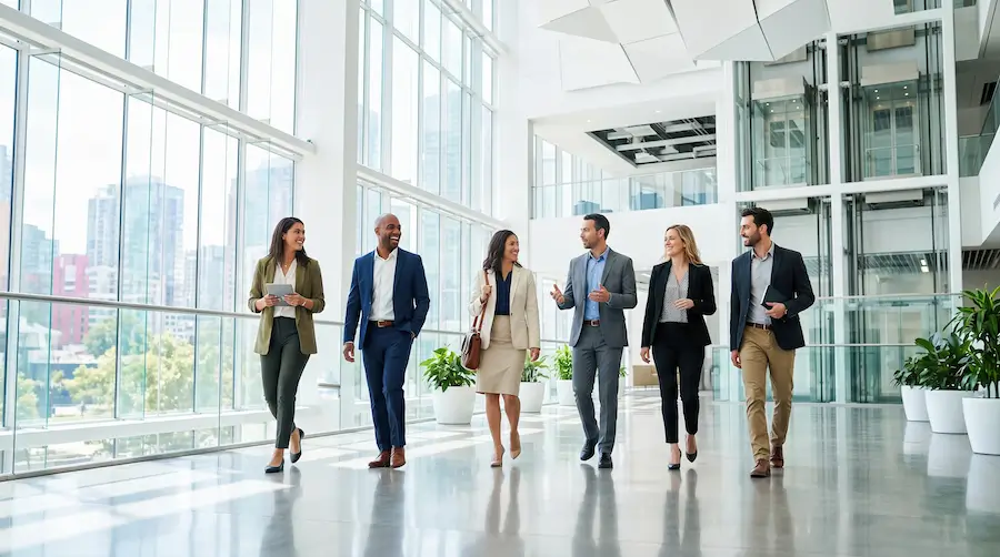A group of professionals in business attire walking through a modern building.
