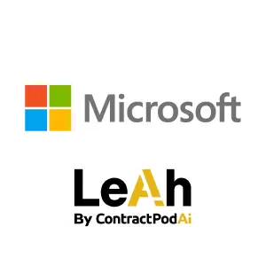 Microsoft logo above the Leah by Leah logo, representing the partnership to accelerate AI innovation in legal, compliance, procurement, and regulatory operations.